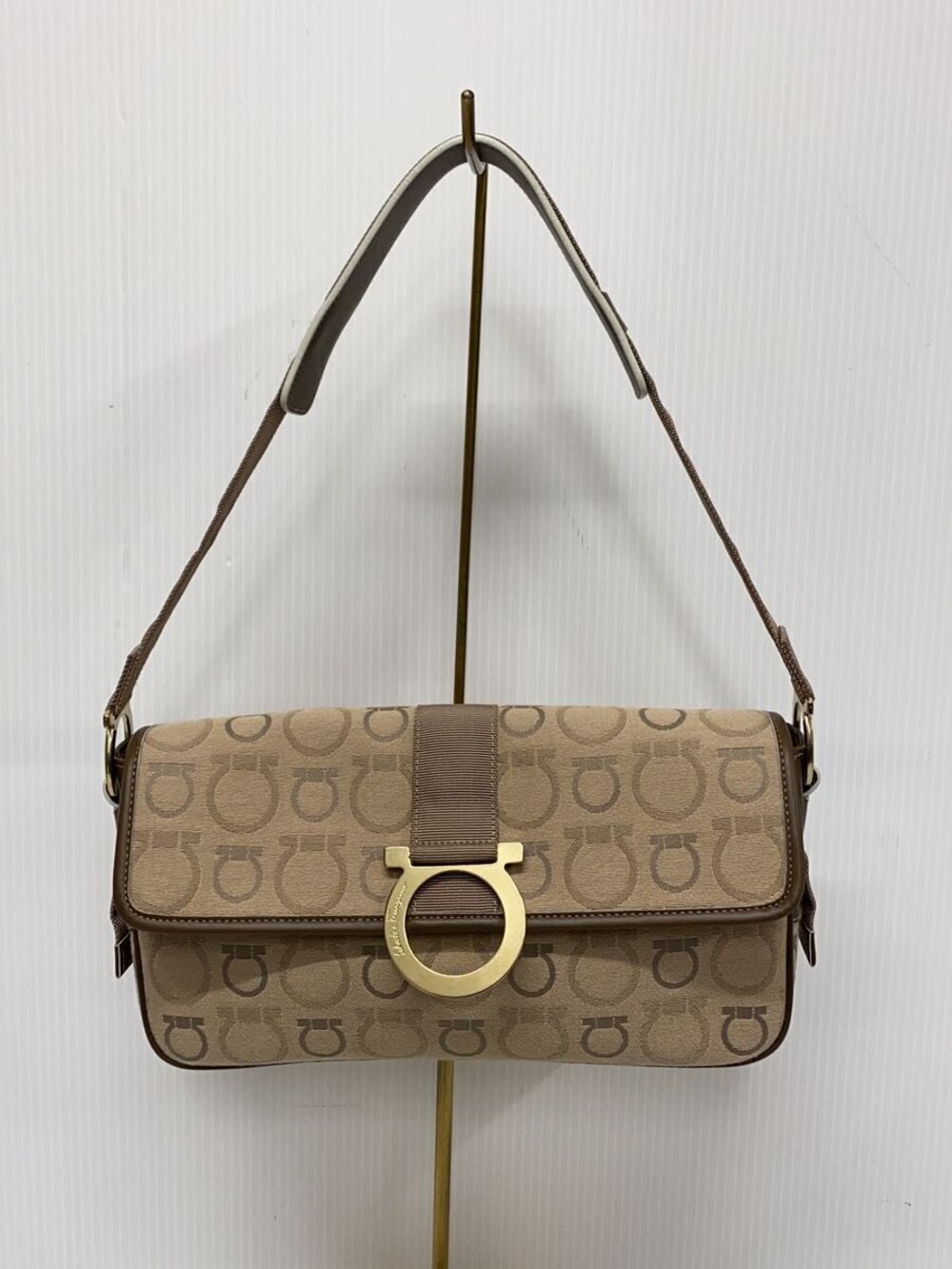 Salvatore Ferragamo Shoulder Bag Canvas Beige Cream All over